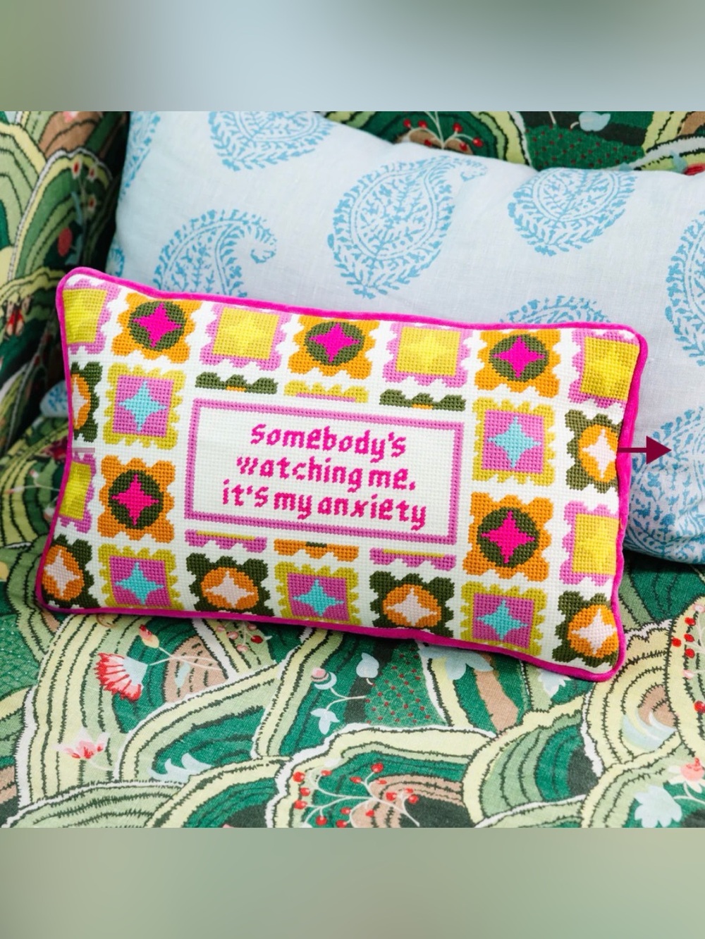 Furbish Studio Watching Me Needlepoint Accent Pillow - Pink Multicolor NEW